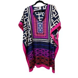 Trina Turk Geometric Print Kaftan Dress Tunic Cover Up Bright Pink‎ Navy